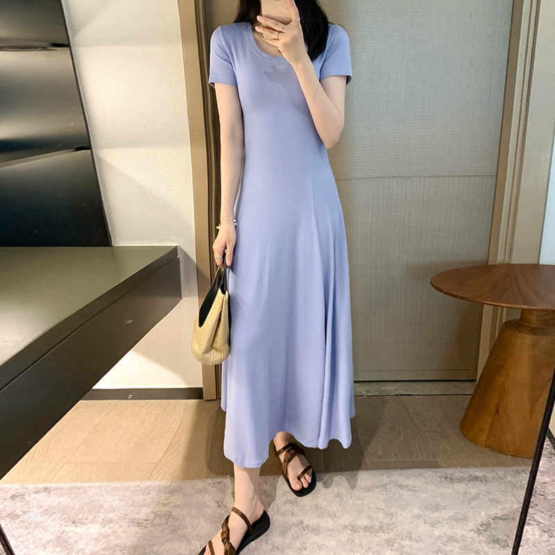 Women's Summer 2025 Round Neck Ribbed Striped A-Line Dress, Spliced Flared Skirt, Waist-Cinching, Solid Color, Cotton Women's Summer 2025 Round Neck Ribbed Striped A-Line Dress, Spliced Flared Skirt, Waist-Cinching, Solid Color, Cotton