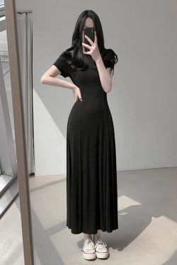 Women's Summer 2025 Round Neck Ribbed Striped A-Line Dress, Spliced Flared Skirt, Waist-Cinching, Solid Color, Cotton