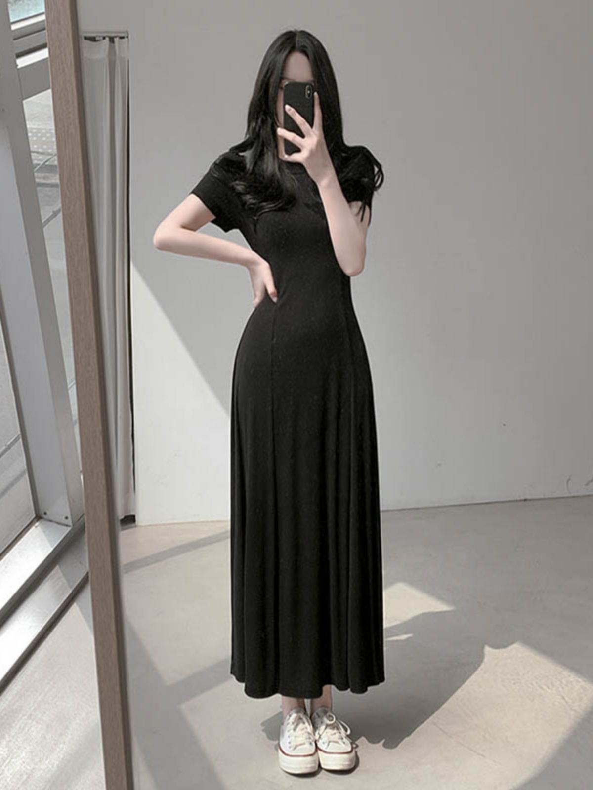 Women's Summer 2025 Round Neck Ribbed Striped A-Line Dress, Spliced Flared Skirt, Waist-Cinching, Solid Color, Cotton Women's Summer 2025 Round Neck Ribbed Striped A-Line Dress, Spliced Flared Skirt, Waist-Cinching, Solid Color, Cotton