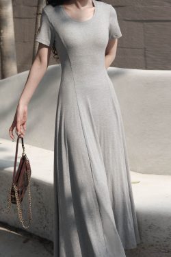 Women's Summer 2025 Round Neck Ribbed Striped A-Line Dress, Spliced Flared Skirt, Waist-Cinching, Solid Color, Cotton