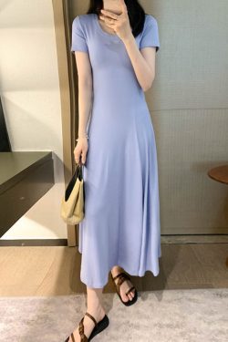 Women's Summer 2025 Round Neck Ribbed Striped A-Line Dress, Spliced Flared Skirt, Waist-Cinching, Solid Color, Cotton