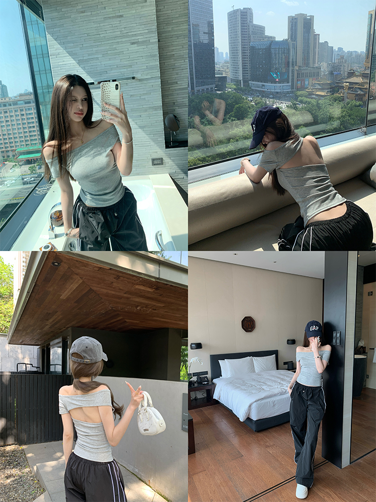 Women's Summer Asymmetrical Off-Shoulder Backless Tencel Top - Short Sleeve Hot Girl Style T-Shirt Women's Summer Asymmetrical Off-Shoulder Backless Tencel Top - Short Sleeve Hot Girl Style T-Shirt