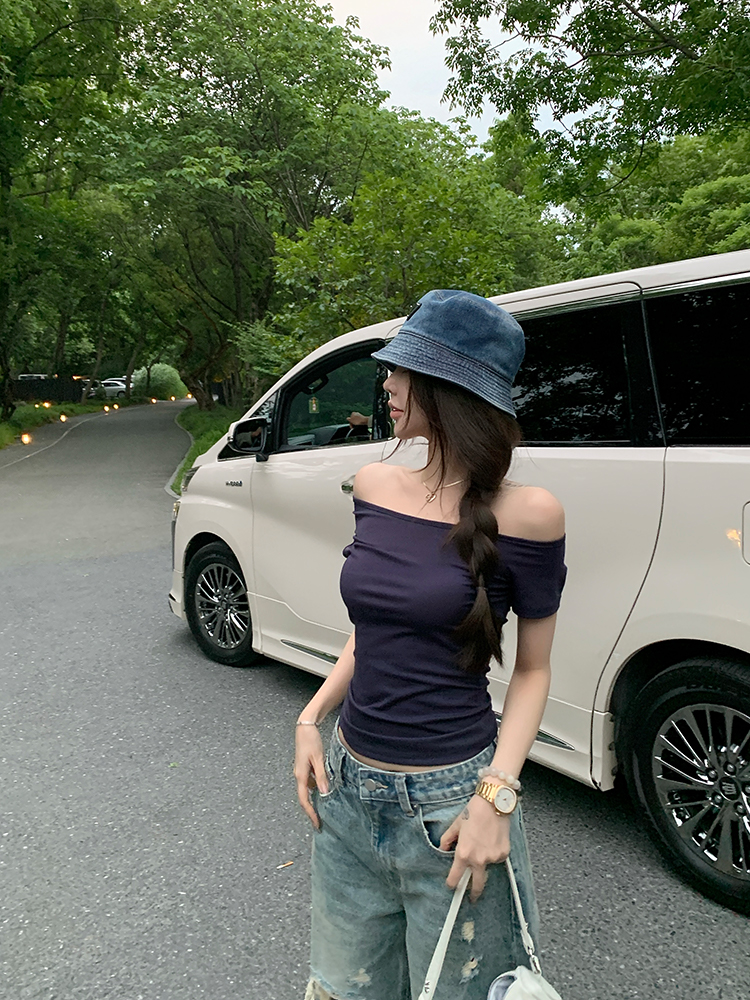 Women's Summer Asymmetrical Off-Shoulder Backless Tencel Top - Short Sleeve Hot Girl Style T-Shirt Women's Summer Asymmetrical Off-Shoulder Backless Tencel Top - Short Sleeve Hot Girl Style T-Shirt