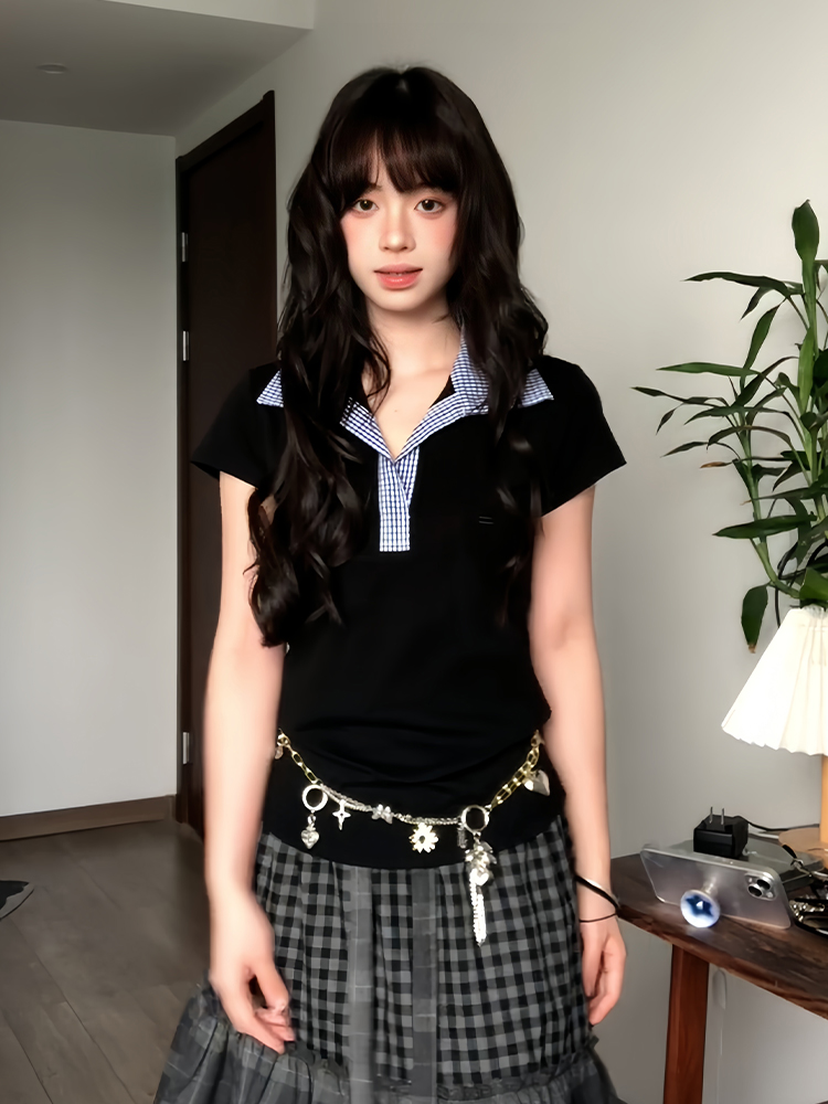 Women's Summer Blue Plaid Splicing Polo T-Shirt - Slim Fit Short Sleeve Two-Piece Outfit - American Style Hot Girl Top Women's Summer Blue Plaid Splicing Polo T-Shirt - Slim Fit Short Sleeve Two-Piece Outfit - American Style Hot Girl Top