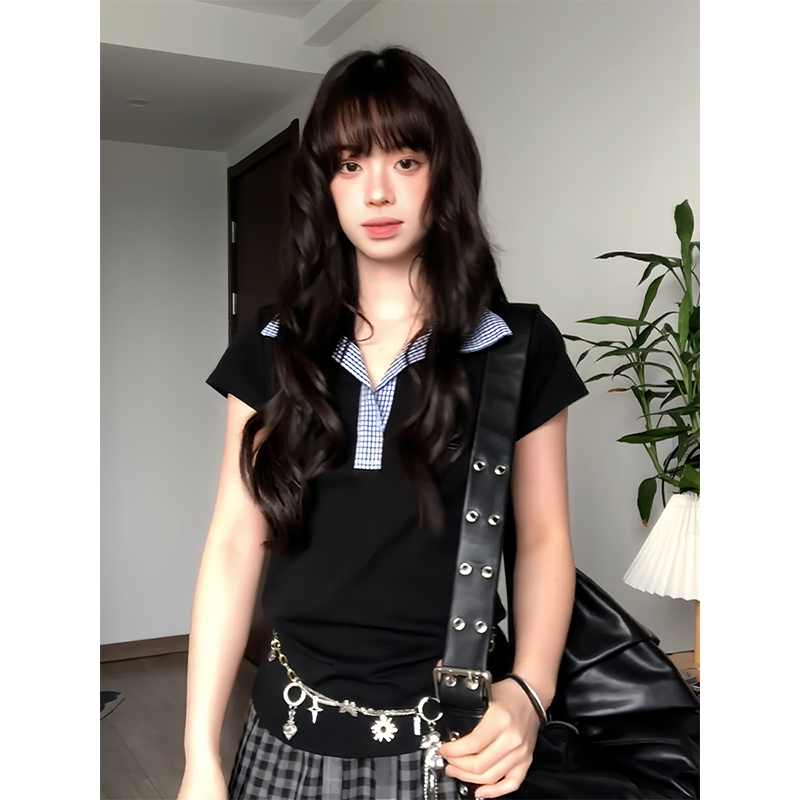 Women's Summer Blue Plaid Splicing Polo T-Shirt - Slim Fit Short Sleeve Two-Piece Outfit - American Style Hot Girl Top Women's Summer Blue Plaid Splicing Polo T-Shirt - Slim Fit Short Sleeve Two-Piece Outfit - American Style Hot Girl Top