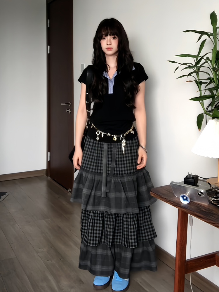 Women's Summer Blue Plaid Splicing Polo T-Shirt - Slim Fit Short Sleeve Two-Piece Outfit - American Style Hot Girl Top Women's Summer Blue Plaid Splicing Polo T-Shirt - Slim Fit Short Sleeve Two-Piece Outfit - American Style Hot Girl Top