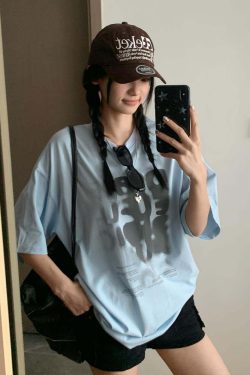 Women's Summer Color-Block Blue Letter Printed Round Neck T-Shirt - Retro College Style Loose Fit Pure Cotton Top