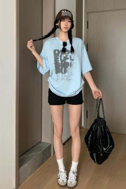 Women's Summer Color-Block Blue Letter Printed Round Neck T-Shirt - Retro College Style Loose Fit Pure Cotton Top