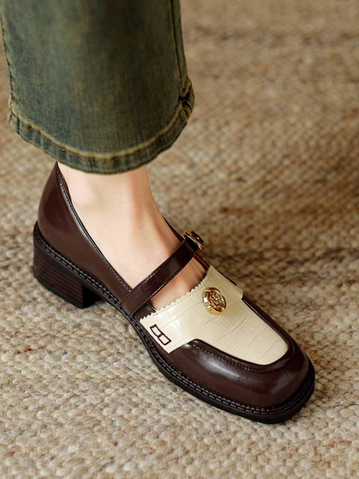 Women's Summer Color-Block Camellia Loafers - Soft Sheepskin Chunky Mid-Heel Shoes for 90s Inspired Style Women's Summer Color-Block Camellia Loafers - Soft Sheepskin Chunky Mid-Heel Shoes for 90s Inspired Style