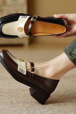 Women's Summer Color-Block Camellia Loafers - Soft Sheepskin Chunky Mid-Heel Shoes for 90s Inspired Style