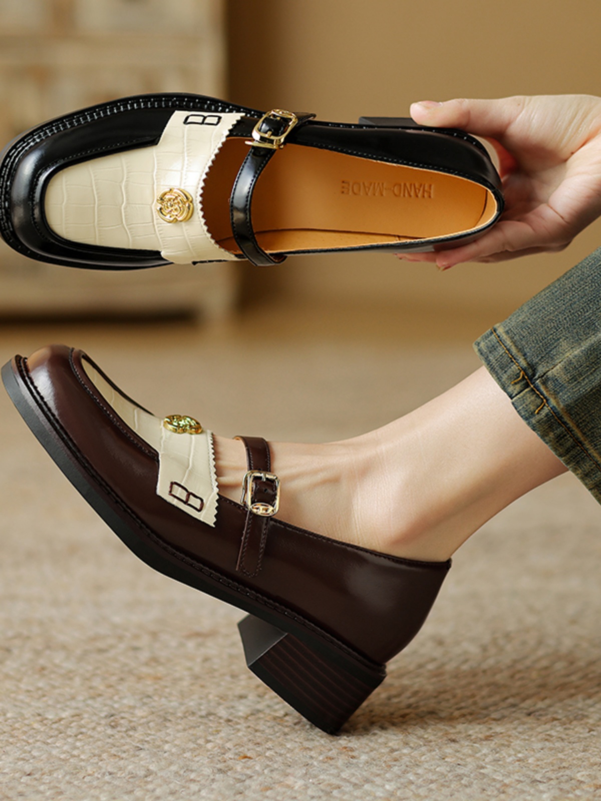 Women's Summer Color-Block Camellia Loafers - Soft Sheepskin Chunky Mid-Heel Shoes for 90s Inspired Style Women's Summer Color-Block Camellia Loafers - Soft Sheepskin Chunky Mid-Heel Shoes for 90s Inspired Style