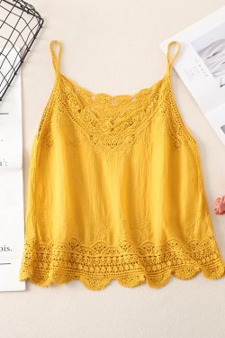 Women's Summer Cotton Linen Vest, Retro Embroidered Lace Hollow Camisole, Literary Style Vacation Outerwear