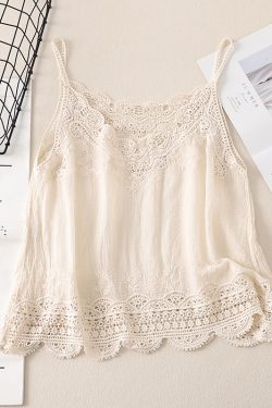 Women's Summer Cotton Linen Vest, Retro Embroidered Lace Hollow Camisole, Literary Style Vacation Outerwear