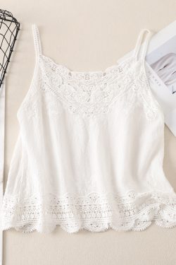 Women's Summer Cotton Linen Vest, Retro Embroidered Lace Hollow Camisole, Literary Style Vacation Outerwear