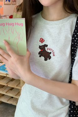 Women's Summer Dog Appliqué Short Sleeve T-shirt - Loose Slim Fit Pure Cotton Top, Casual Y2K Style
