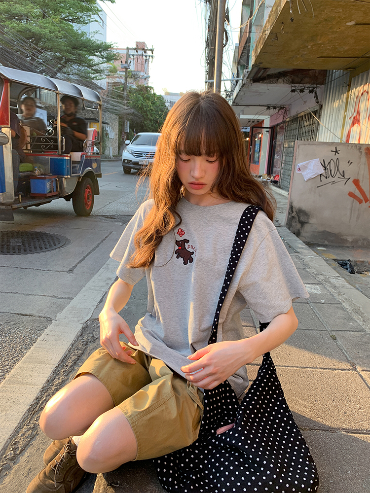 Women's Summer Dog Appliqué Short Sleeve T-shirt - Loose Slim Fit Pure Cotton Top, Casual Y2K Style Women's Summer Dog Appliqué Short Sleeve T-shirt - Loose Slim Fit Pure Cotton Top, Casual Y2K Style