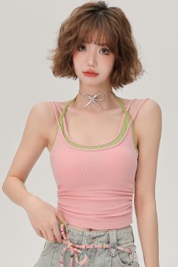Women's Summer Fake Two-Piece Camisole with Chest Pads, Double Shoulder Straps, Sweet Spicy Inner Outer Wear Top