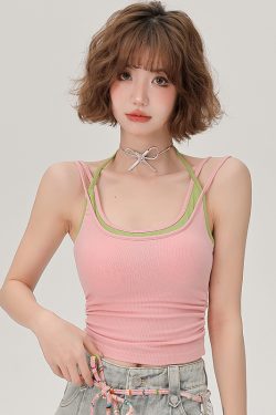 Women's Summer Fake Two-Piece Camisole with Chest Pads, Double Shoulder Straps, Sweet Spicy Inner Outer Wear Top