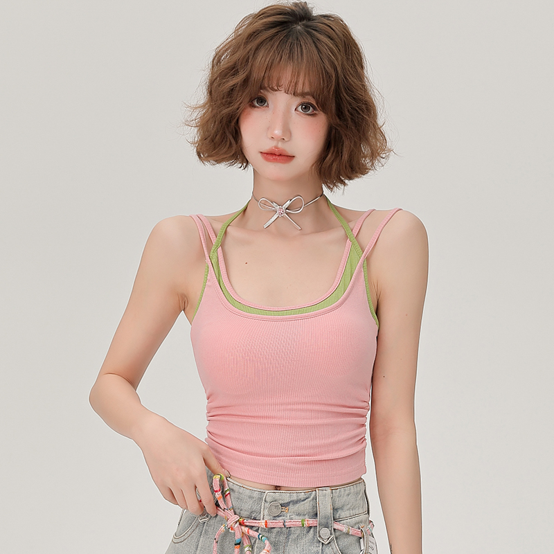 Women's Summer Fake Two-Piece Camisole with Chest Pads, Double Shoulder Straps, Sweet Spicy Inner Outer Wear Top Women's Summer Fake Two-Piece Camisole with Chest Pads, Double Shoulder Straps, Sweet Spicy Inner Outer Wear Top