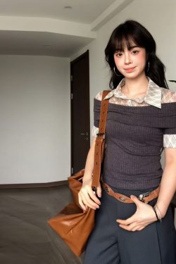 Women's Summer Fake Two-Piece Layered Short Sleeve Shirt, Spliced Knitted College Style, Slim Fit Flattering Top