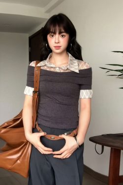 Women's Summer Fake Two-Piece Layered Short Sleeve Shirt, Spliced Knitted College Style, Slim Fit Flattering Top