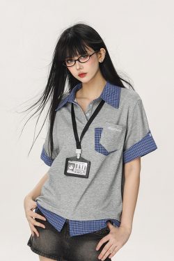 Women's Summer Fake Two-Piece Short Sleeve T-Shirt - American Style Beer Team Captain Polo Top in Niche Design