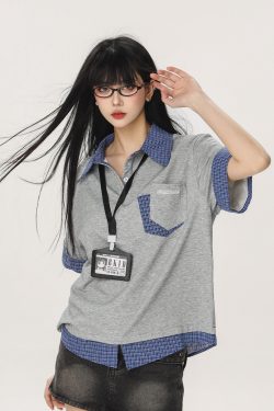 Women's Summer Fake Two-Piece Short Sleeve T-Shirt - American Style Beer Team Captain Polo Top in Niche Design