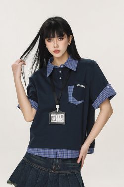 Women's Summer Fake Two-Piece Short Sleeve T-Shirt - American Style Beer Team Captain Polo Top in Niche Design