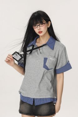 Women's Summer Fake Two-Piece Short Sleeve T-Shirt - American Style Beer Team Captain Polo Top in Niche Design