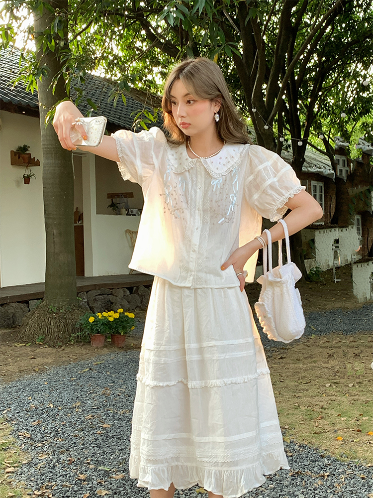 Women's Summer French Lace Flared Midi Skirt - Vintage Cloud Design, Lightweight Linen for Vacation Style Women's Summer French Lace Flared Midi Skirt - Vintage Cloud Design, Lightweight Linen for Vacation Style