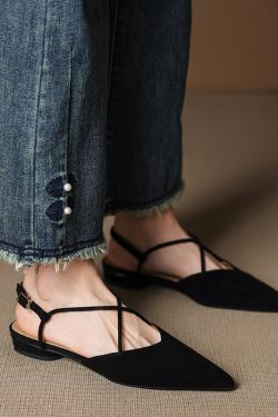 Women's Summer Genuine Leather Pointed Toe Cross Strap Sandals - Versatile Low Chunky Heel Closed Toe Footwear