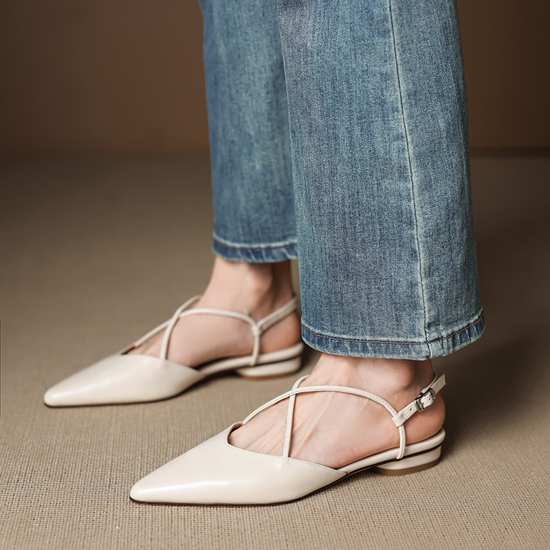 Women's Summer Genuine Leather Pointed Toe Cross Strap Sandals - Versatile Low Chunky Heel Closed Toe Footwear Women's Summer Genuine Leather Pointed Toe Cross Strap Sandals - Versatile Low Chunky Heel Closed Toe Footwear
