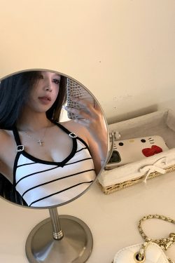 Women's Summer Knitted Striped V-Neck Halter Crop Top - Sweet Berry Signal Design, Trendy and Stylish for Y2K and Korean Style Looks