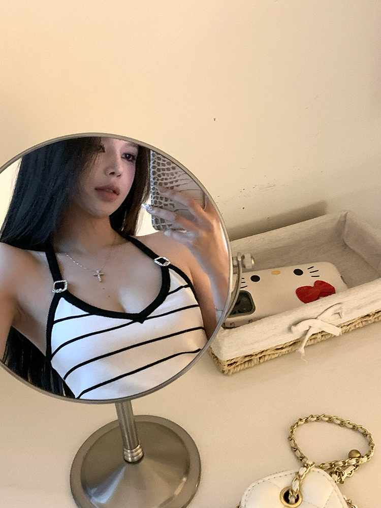 Women's Summer Knitted Striped V-Neck Halter Crop Top - Sweet Berry Signal Design, Trendy and Stylish for Y2K and Korean Style Looks Women's Summer Knitted Striped V-Neck Halter Crop Top - Sweet Berry Signal Design, Trendy and Stylish for Y2K and Korean Style Looks