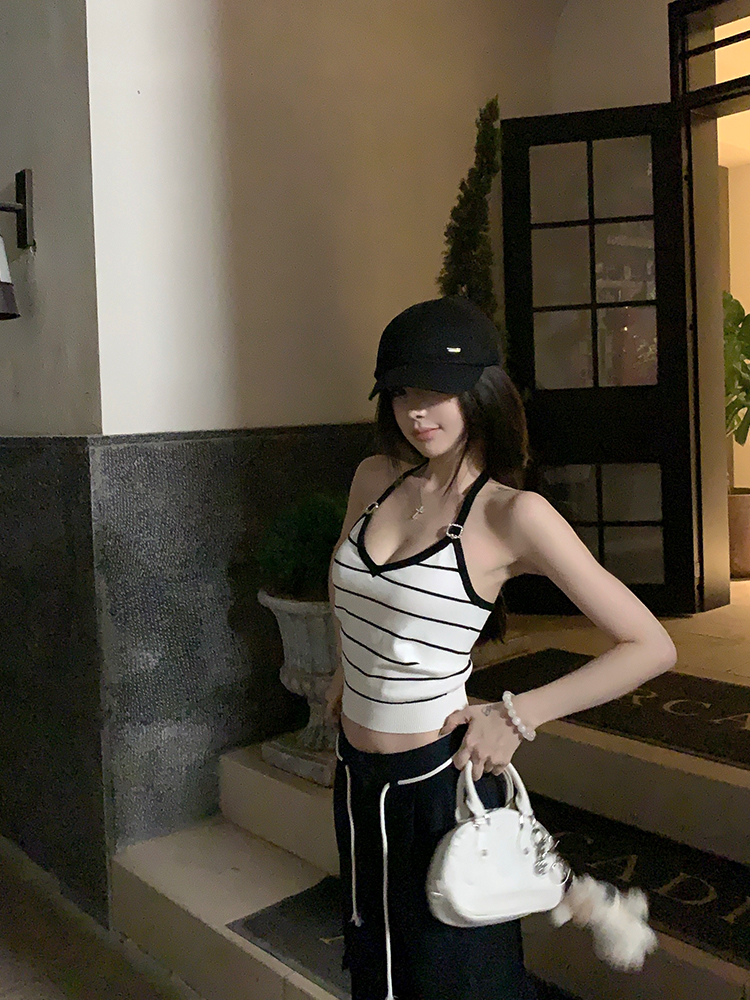 Women's Summer Knitted Striped V-Neck Halter Crop Top - Sweet Berry Signal Design, Trendy and Stylish for Y2K and Korean Style Looks Women's Summer Knitted Striped V-Neck Halter Crop Top - Sweet Berry Signal Design, Trendy and Stylish for Y2K and Korean Style Looks