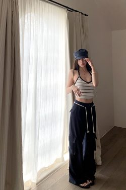 Women's Summer Knitted Striped V-Neck Halter Crop Top - Sweet Berry Signal Design, Trendy and Stylish for Y2K and Korean Style Looks