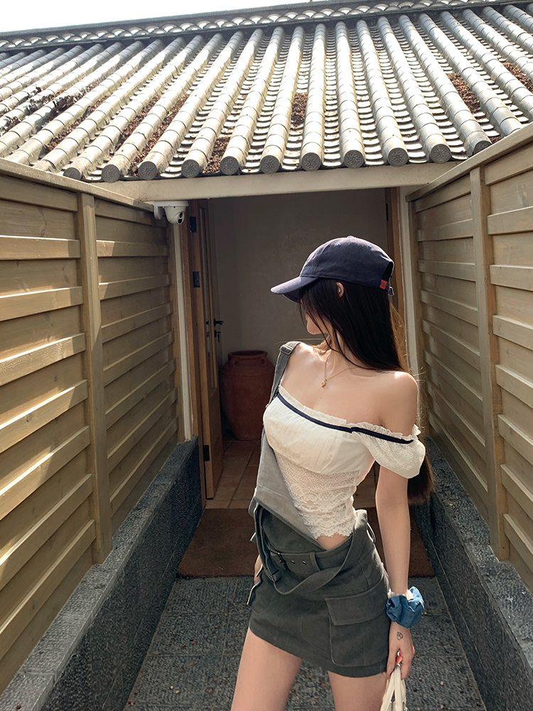 Women’s Summer Lace Splicing One-Shoulder Slim Top - Short Sleeve T-Shirt in White Tea, Sweet Desire Style Women’s Summer Lace Splicing One-Shoulder Slim Top - Short Sleeve T-Shirt in White Tea, Sweet Desire Style