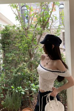 Women’s Summer Lace Splicing One-Shoulder Slim Top - Short Sleeve T-Shirt in White Tea, Sweet Desire Style