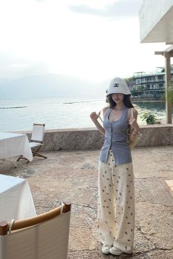 Women's Summer Lazy Bear Print Wide-Leg Jeans - Thin Version, Straight Cut, Y2K Style, Minibear Design