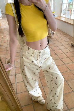 Women's Summer Lazy Bear Print Wide-Leg Jeans - Thin Version, Straight Cut, Y2K Style, Minibear Design