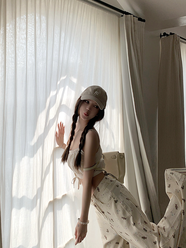 Women's Summer Lazy Bear Print Wide-Leg Jeans - Thin Version, Straight Cut, Y2K Style, Minibear Design Women's Summer Lazy Bear Print Wide-Leg Jeans - Thin Version, Straight Cut, Y2K Style, Minibear Design