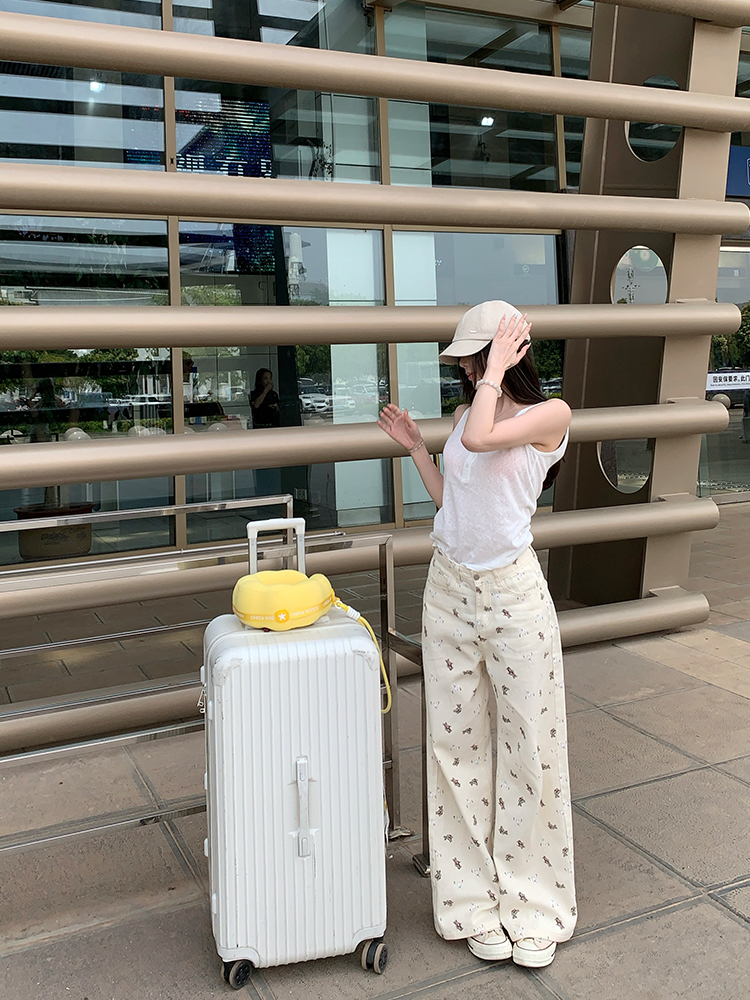 Women's Summer Lazy Bear Print Wide-Leg Jeans - Thin Version, Straight Cut, Y2K Style, Minibear Design Women's Summer Lazy Bear Print Wide-Leg Jeans - Thin Version, Straight Cut, Y2K Style, Minibear Design