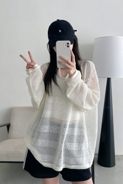 Women's Summer Loose Long-Sleeve Hollowed-Out Cover-Up T-Shirt - Sun Grapefruit American Style Casual Top