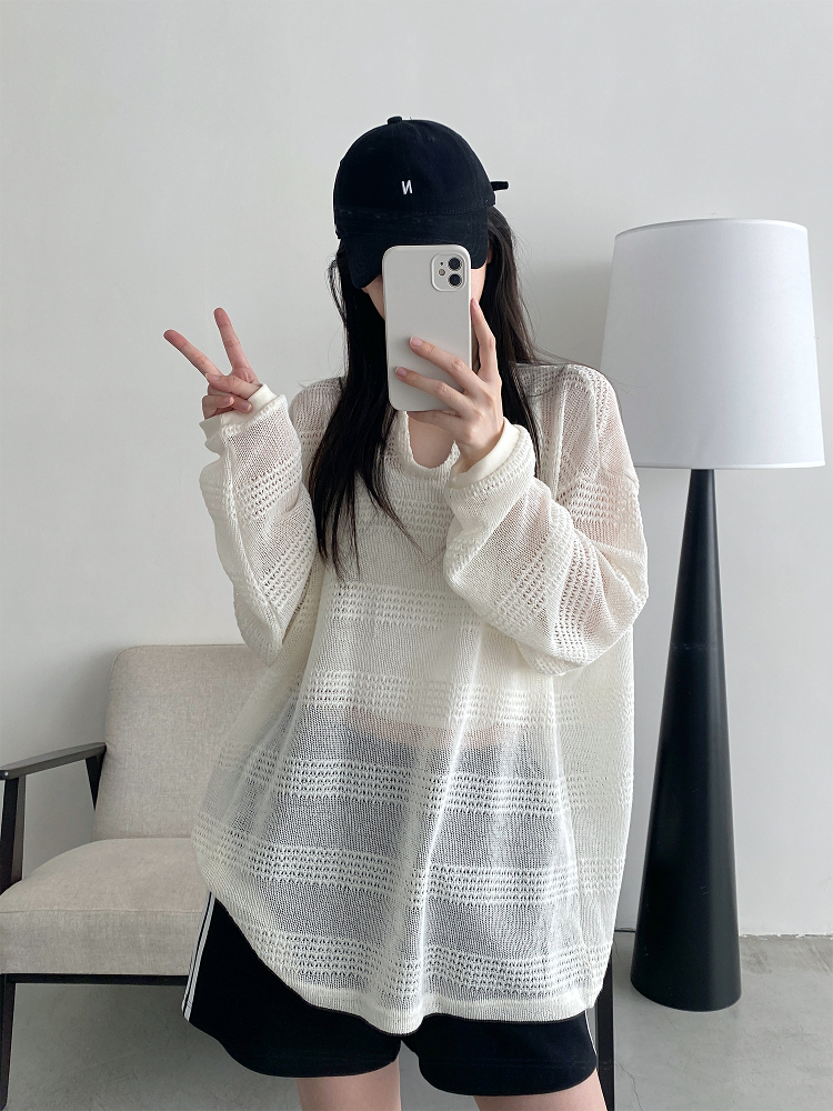 Women's Summer Loose Long-Sleeve Hollowed-Out Cover-Up T-Shirt - Sun Grapefruit American Style Casual Top Women's Summer Loose Long-Sleeve Hollowed-Out Cover-Up T-Shirt - Sun Grapefruit American Style Casual Top