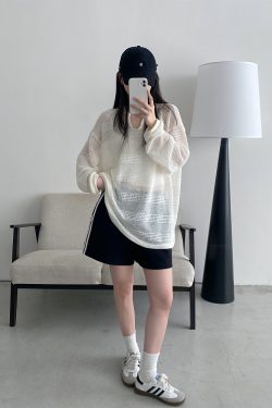 Women's Summer Loose Long-Sleeve Hollowed-Out Cover-Up T-Shirt - Sun Grapefruit American Style Casual Top