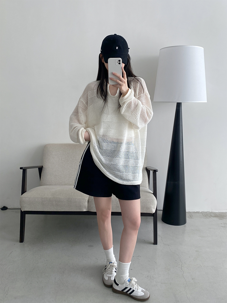 Women's Summer Loose Long-Sleeve Hollowed-Out Cover-Up T-Shirt - Sun Grapefruit American Style Casual Top Women's Summer Loose Long-Sleeve Hollowed-Out Cover-Up T-Shirt - Sun Grapefruit American Style Casual Top