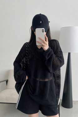 Women's Summer Loose Long-Sleeve Hollowed-Out Cover-Up T-Shirt - Sun Grapefruit American Style Casual Top