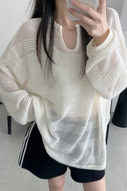 Women's Summer Loose Long-Sleeve Hollowed-Out Cover-Up T-Shirt - Sun Grapefruit American Style Casual Top