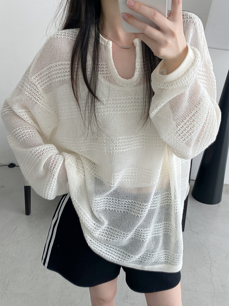 Women's Summer Loose Long-Sleeve Hollowed-Out Cover-Up T-Shirt - Sun Grapefruit American Style Casual Top Women's Summer Loose Long-Sleeve Hollowed-Out Cover-Up T-Shirt - Sun Grapefruit American Style Casual Top