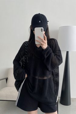 Women's Summer Loose Long-Sleeve Hollowed-Out Cover-Up T-Shirt - Sun Grapefruit American Style Casual Top